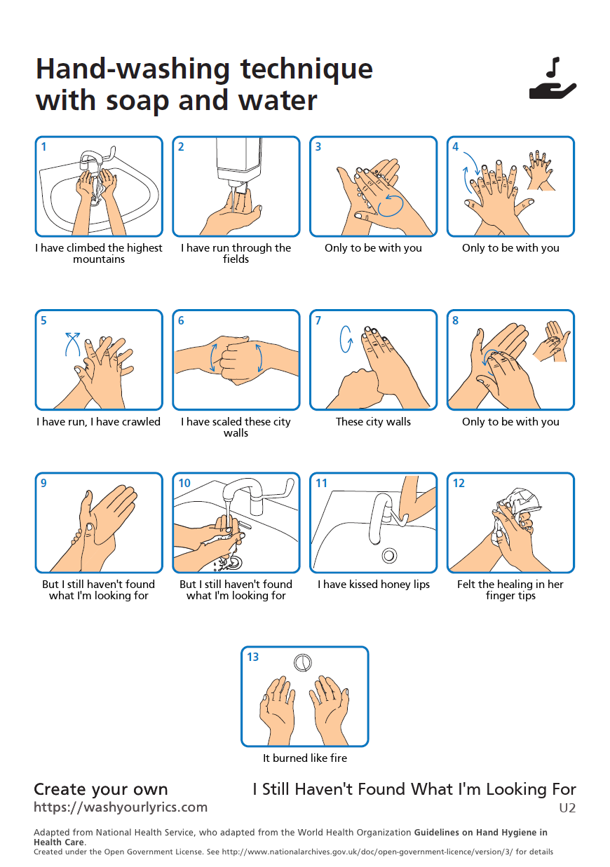 Wash Your Hands Poster with U2 Lyrcis for I Still Haven't Found What I'm Looking For