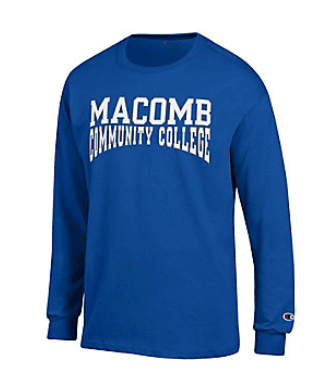 Macomb Community College Long Sleeve T-Shirt A blue long sleeved shirt with Macomb Community College printed in white across the chest