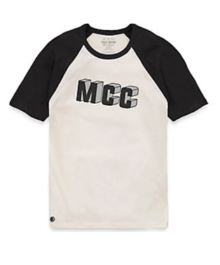 Macomb Community College Raglan Short Sleeve T-Shirt A white shirt with MCC in capital letters across the chest. It also has black short sleeves and a black collar