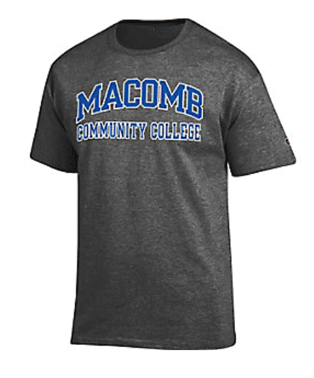 Macomb Community College Short Sleeve T-Shirt A gray, short-sleeve unisex shirt with the Macomb Community College logo on the front
